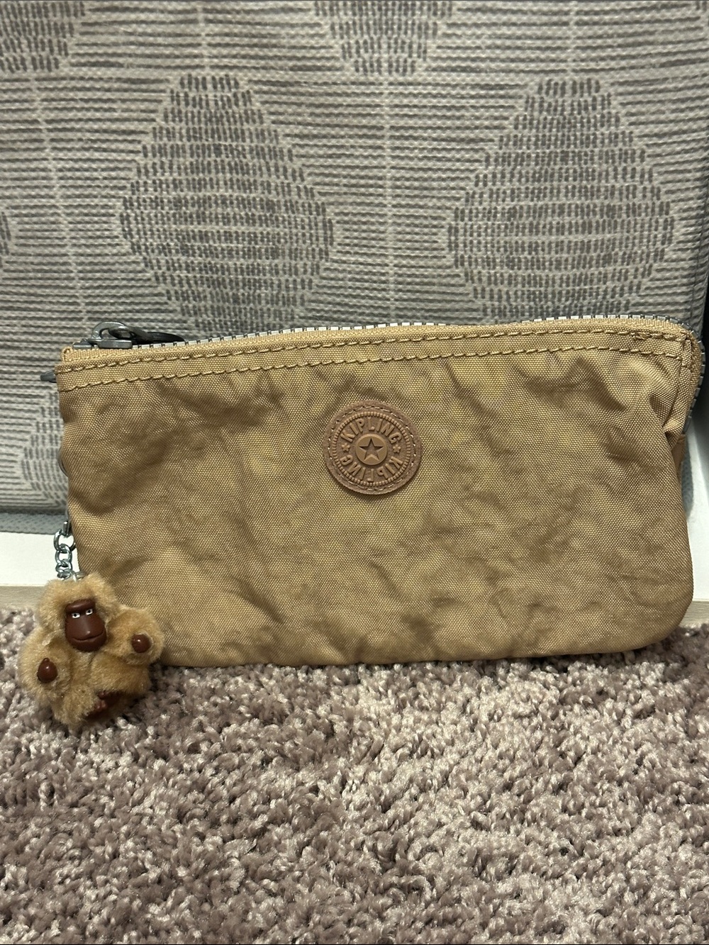 Kipling Tan Nylon Zip Pouch with Monkey Charm NEW
